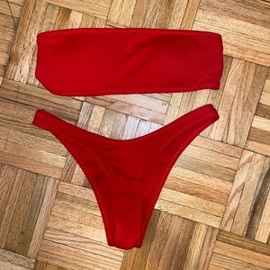 Red bandeau bathing suit